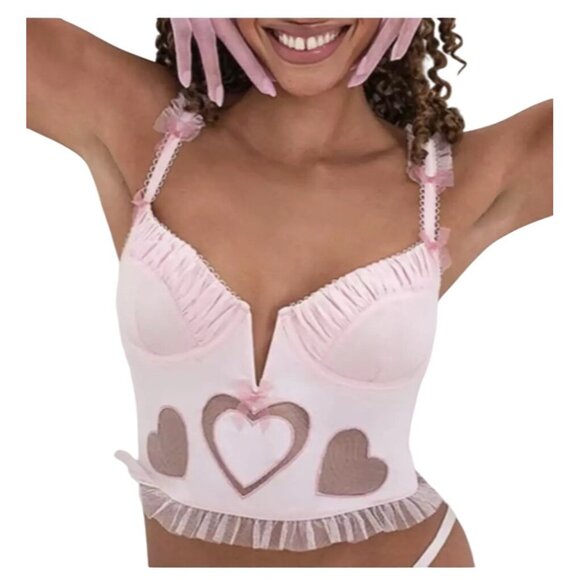 For Love & Lemons Pink Heart Mesh Corset Top With Ruffle Trim XXS - Picture 2 of 16
